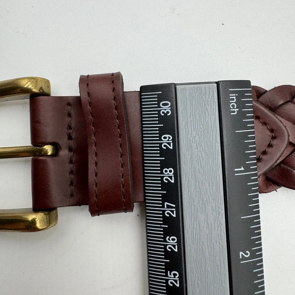 Woven Braided Leather Belt Mens Size M Brown Brass-Tone Buckle Casual Dress
